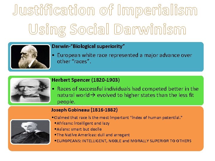 Justification of Imperialism Using Social Darwinism Darwin-“Biological superiority” • European white race represented a