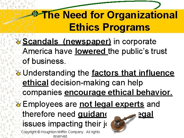The Need for Organizational Ethics Programs Scandals (newspaper) in corporate America have lowered the The Need for Organizational Ethics Programs Scandals (newspaper) in corporate America have lowered the