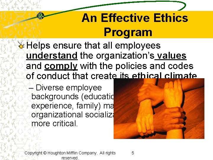 An Effective Ethics Program Helps ensure that all employees understand the organization’s values and An Effective Ethics Program Helps ensure that all employees understand the organization’s values and