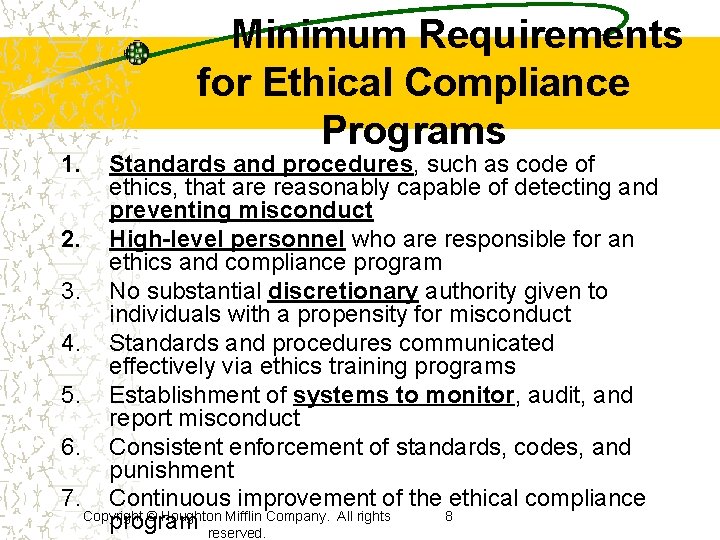 1. Minimum Requirements for Ethical Compliance Programs Standards and procedures, such as code of 1. Minimum Requirements for Ethical Compliance Programs Standards and procedures, such as code of