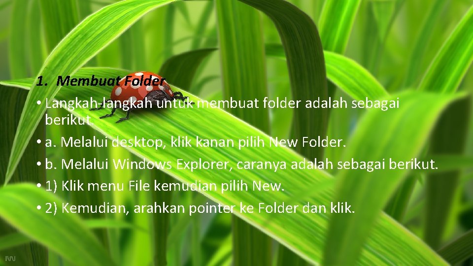 1. Membuat Folder • Langkah-langkah untuk membuat folder adalah sebagai berikut. • a. Melalui