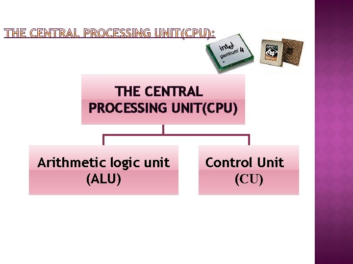 THE CENTRAL PROCESSING UNIT(CPU) Arithmetic logic unit (ALU) Control Unit (CU) 