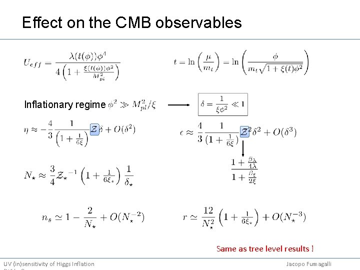 Effect on the CMB observables Inflationary regime Same as tree level results ! UV