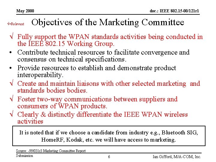 May 2000 =Relevant doc. : IEEE 802. 15 -00/121 r 1 Objectives of the
