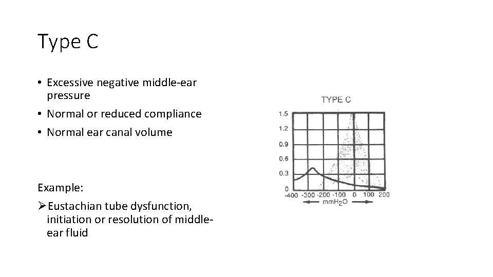 Type C • Excessive negative middle-ear pressure • Normal or reduced compliance • Normal Type C • Excessive negative middle-ear pressure • Normal or reduced compliance • Normal