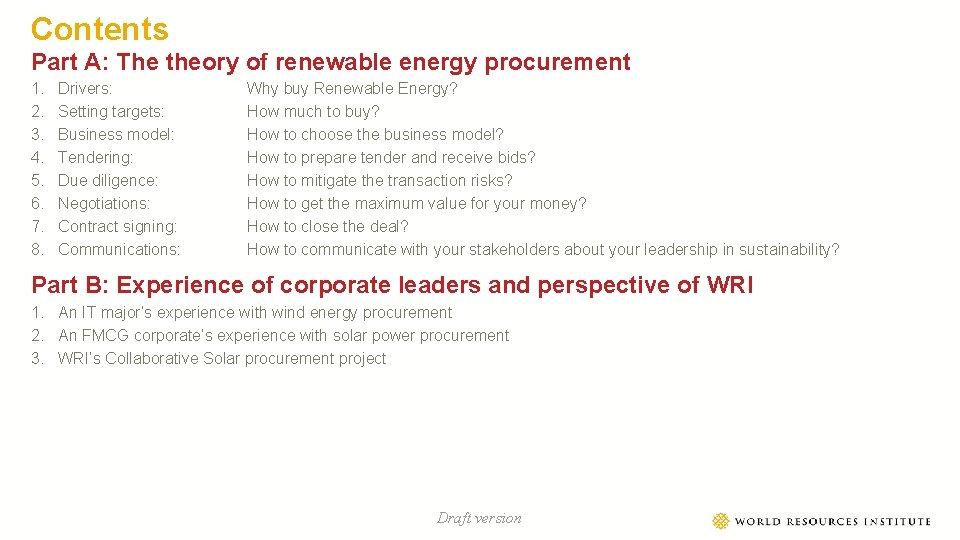 Contents Part A: The theory of renewable energy procurement 1. 2. 3. 4. 5.