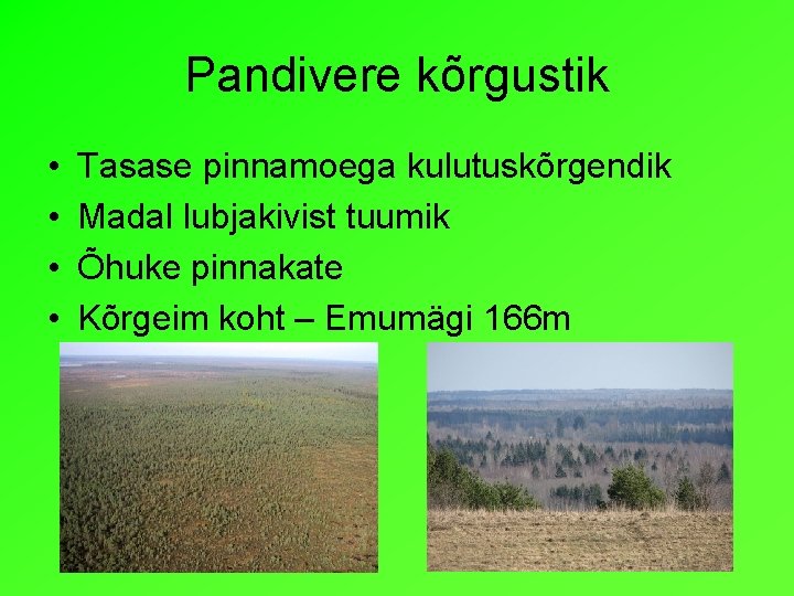 Pandivere kõrgustik • • Tasase pinnamoega kulutuskõrgendik Madal lubjakivist tuumik Õhuke pinnakate Kõrgeim koht