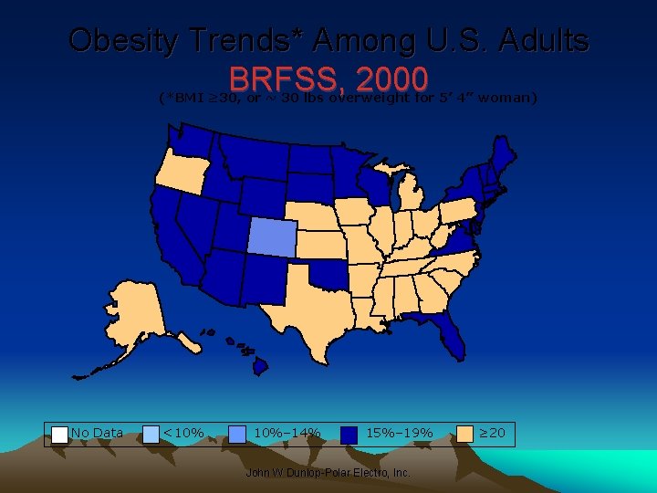 Obesity Trends* Among U. S. Adults BRFSS, 2000 (*BMI ≥ 30, or ~ 30