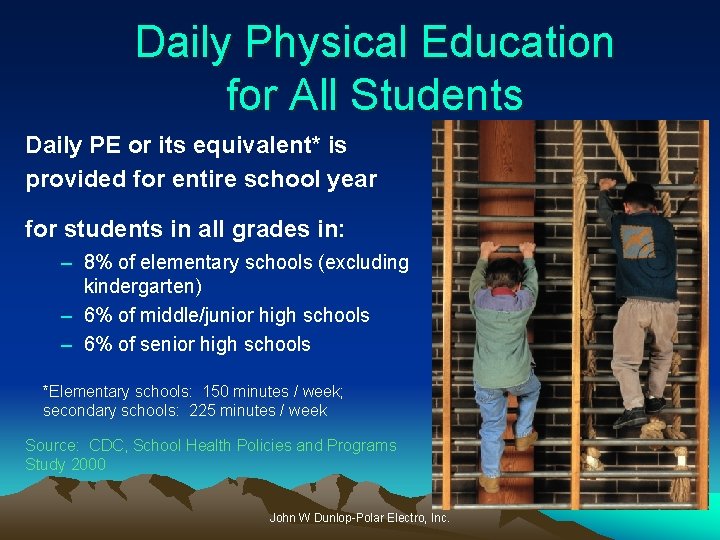 Daily Physical Education for All Students Daily PE or its equivalent* is provided for
