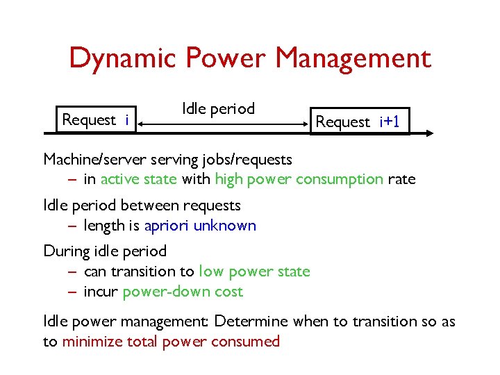 Dynamic Power Management Request i Idle period Request i+1 Machine/server serving jobs/requests – in