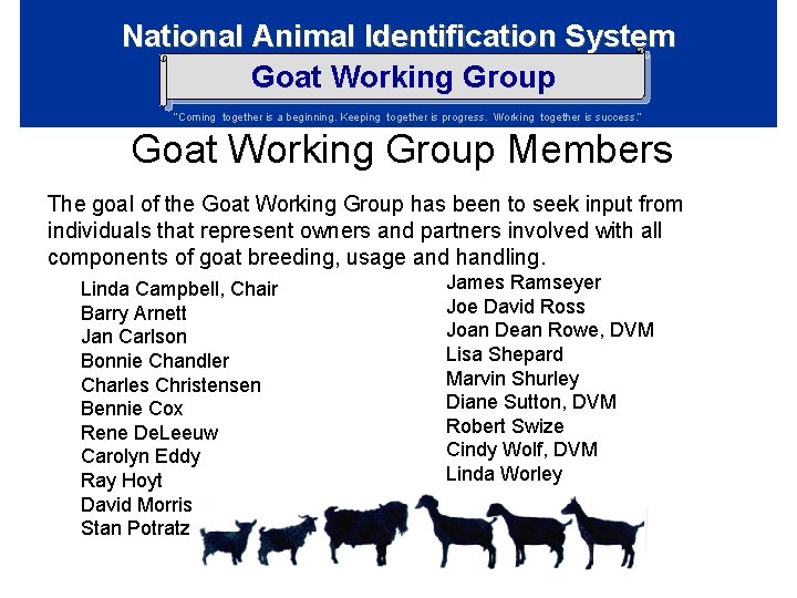 National Animal Identification System Goat Working Group “Coming together is a beginning. Keeping together National Animal Identification System Goat Working Group “Coming together is a beginning. Keeping together