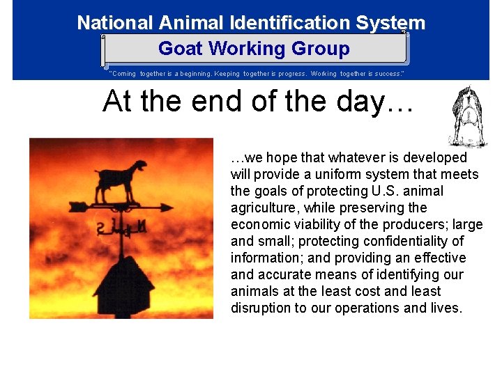 National Animal Identification System Goat Working Group “Coming together is a beginning. Keeping together National Animal Identification System Goat Working Group “Coming together is a beginning. Keeping together
