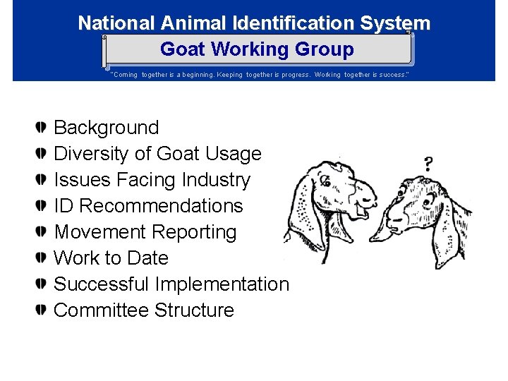 National Animal Identification System Goat Working Group “Coming together is a beginning. Keeping together National Animal Identification System Goat Working Group “Coming together is a beginning. Keeping together