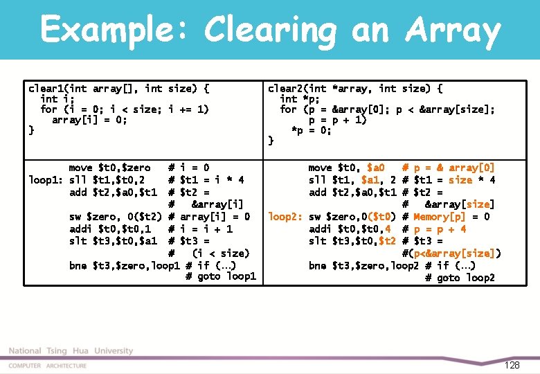 Example: Clearing an Array clear 1(int array[], int size) { int i; for (i