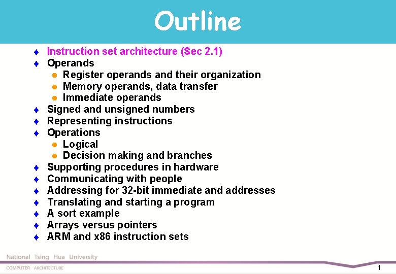 Outline t t t Instruction set architecture (Sec 2. 1) Operands l Register operands