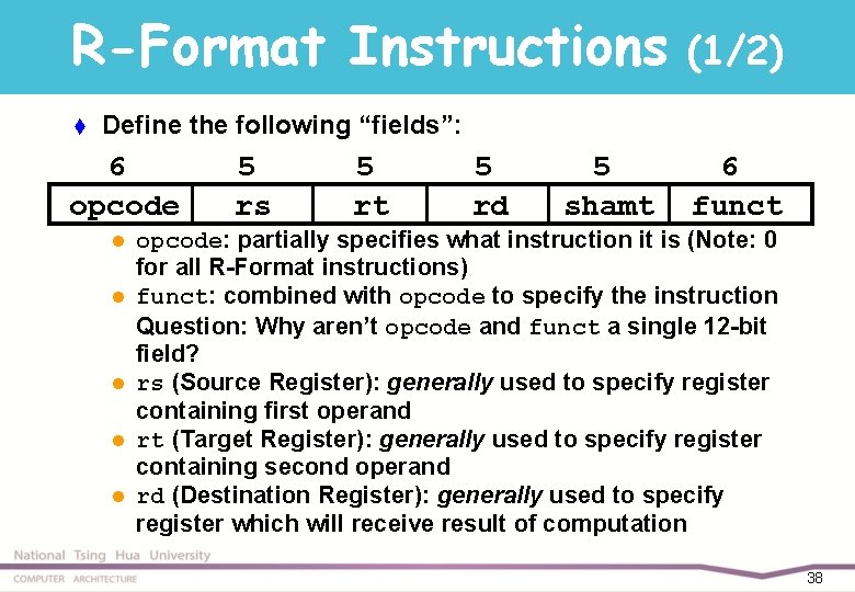 R-Format Instructions t (1/2) Define the following “fields”: 6 opcode l l l 5