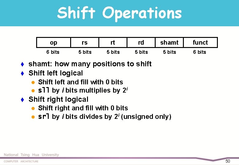 Shift Operations t t rs rt rd shamt funct 6 bits 5 bits 6