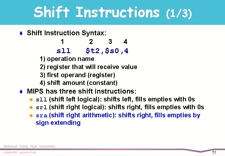 Shift Instructions t Shift Instruction Syntax: 1 2 3 sll (1/3) 4 $t 2,