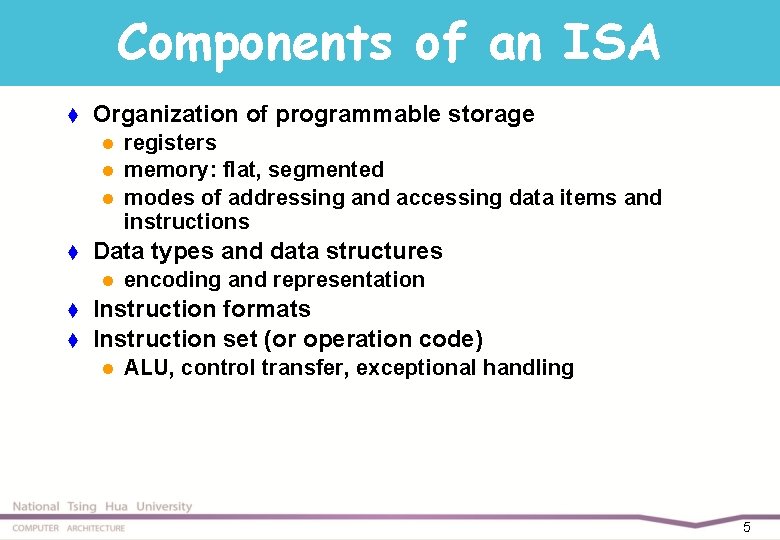 Components of an ISA t Organization of programmable storage l l l t Data