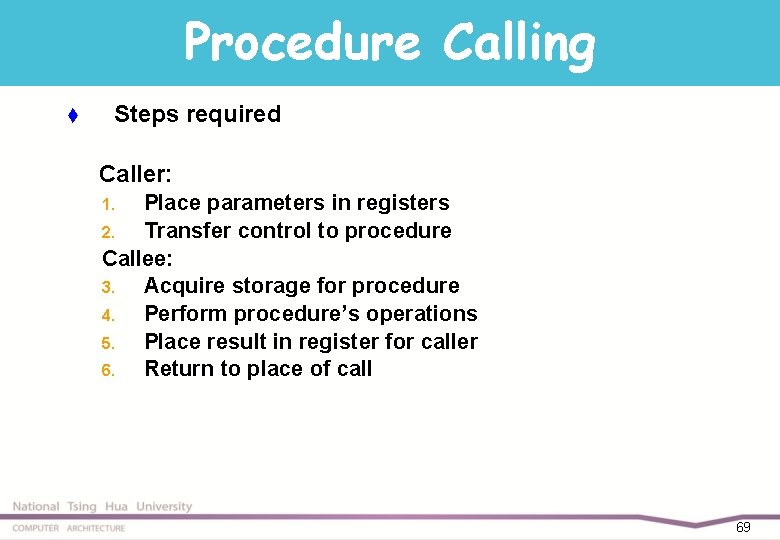 Procedure Calling t Steps required Caller: Place parameters in registers 2. Transfer control to