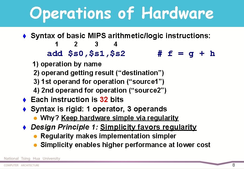 Operations of Hardware t Syntax of basic MIPS arithmetic/logic instructions: 1 2 3 4