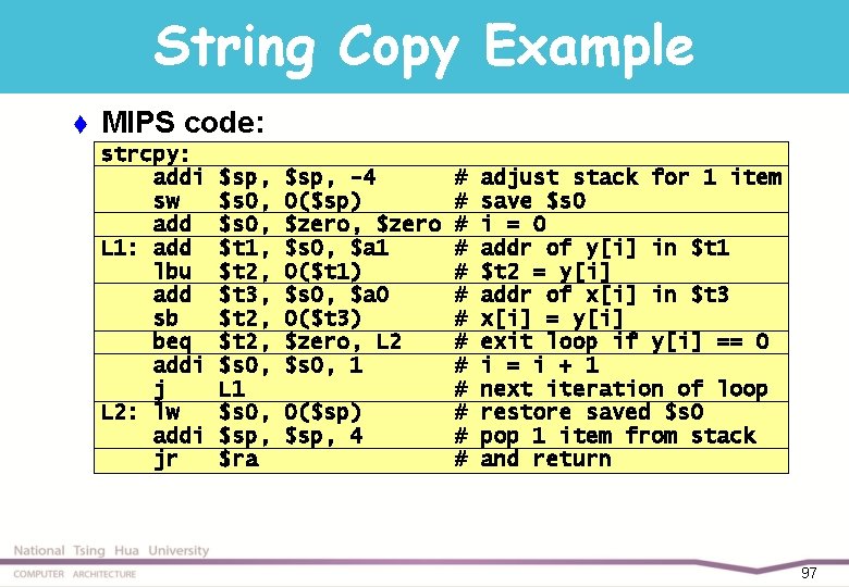 String Copy Example t MIPS code: strcpy: addi sw add L 1: add lbu