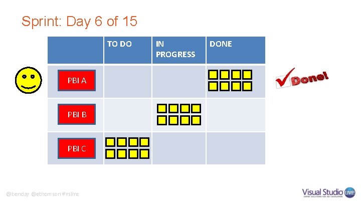 Sprint: Day 6 of 15 TO DO PBI A PBI B PBI C @benday