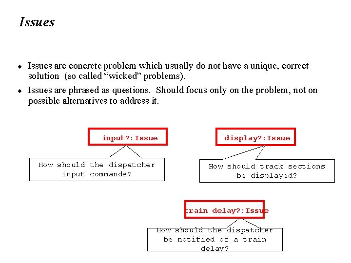 Issues ¨ ¨ Issues are concrete problem which usually do not have a unique, Issues ¨ ¨ Issues are concrete problem which usually do not have a unique,