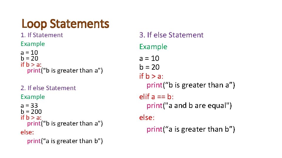 Loop Statements 1. If Statement Example a = 10 b = 20 if b