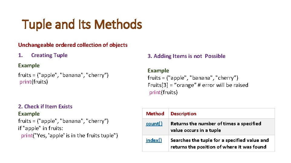 Tuple and Its Methods Unchangeable ordered collection of objects 1. Creating Tuple Example fruits