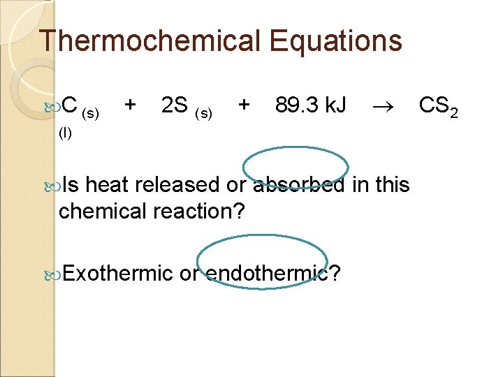 Thermochemical Equations C (s) + 2 S (s) + 89. 3 k. J (l)