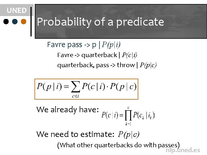 UNED Probability of a predicate Favre pass -> p | P(p|i) Favre -> quarterback