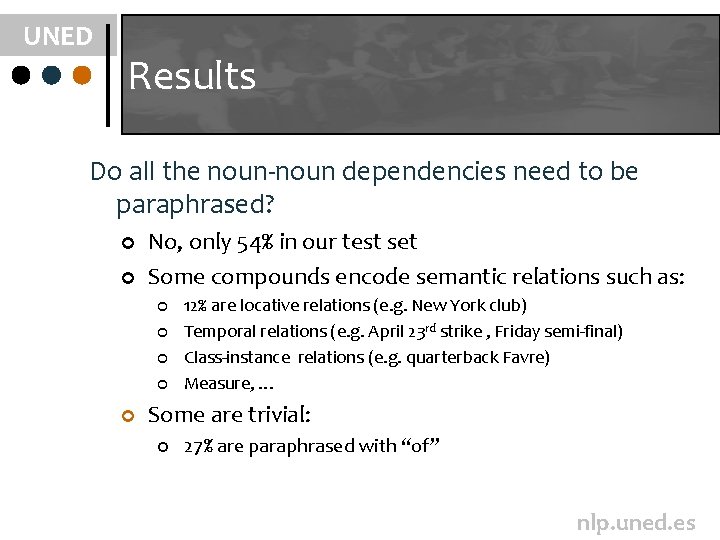 UNED Results Do all the noun-noun dependencies need to be paraphrased? ¢ ¢ No,