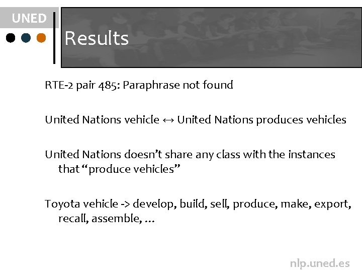 UNED Results RTE-2 pair 485: Paraphrase not found United Nations vehicle ↔ United Nations