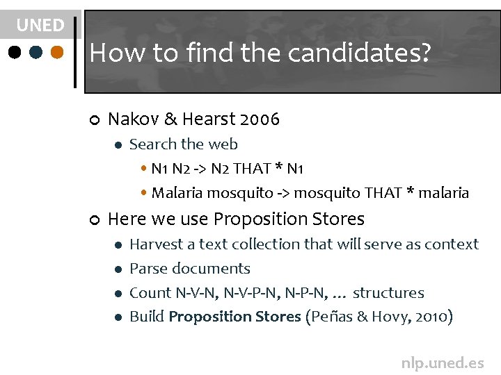 UNED How to find the candidates? ¢ Nakov & Hearst 2006 l ¢ Search