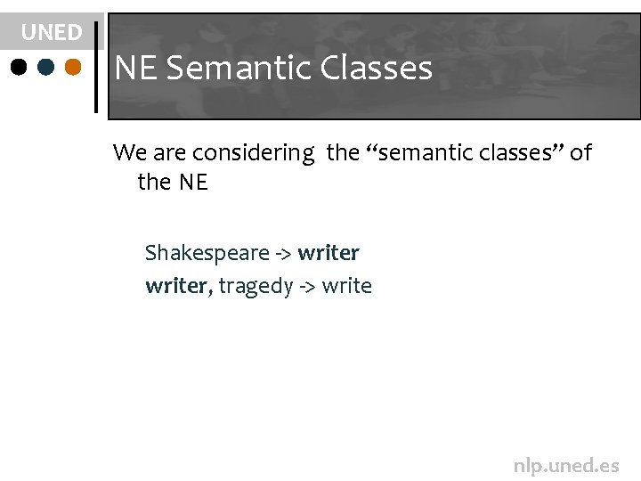 UNED NE Semantic Classes We are considering the “semantic classes” of the NE Shakespeare