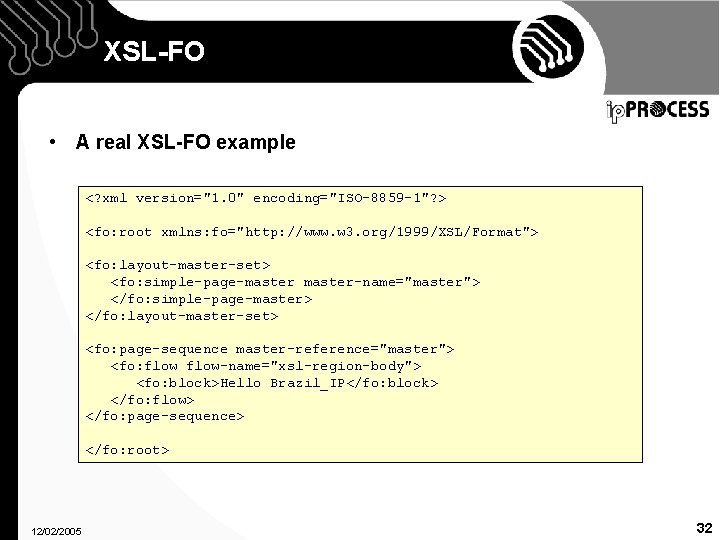 XSL-FO • A real XSL-FO example <? xml version="1. 0" encoding="ISO-8859 -1"? > <fo: