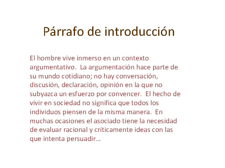 Párrafo de introducción El hombre vive inmerso en un contexto argumentativo. La argumentación hace