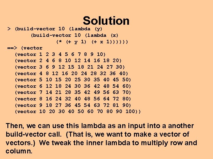 Solution > (build-vector 10 (lambda (y) (build-vector 10 (lambda (x) (* (+ y 1)
