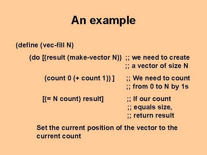 An example (define (vec-fill N) (do [(result (make-vector N)) ; ; we need to