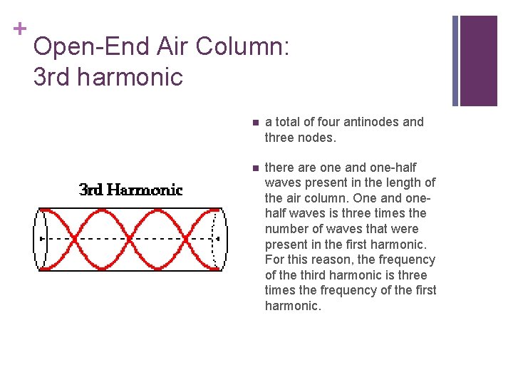 + Open-End Air Column: 3 rd harmonic n a total of four antinodes and