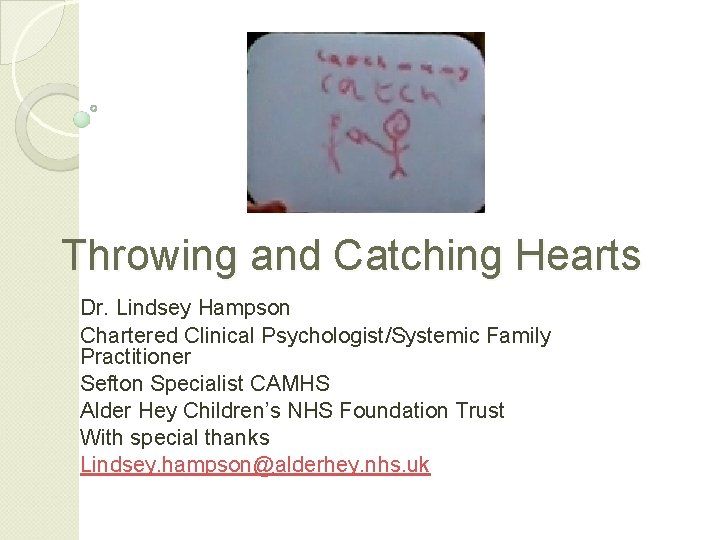 Throwing and Catching Hearts Dr. Lindsey Hampson Chartered Clinical Psychologist/Systemic Family Practitioner Sefton Specialist