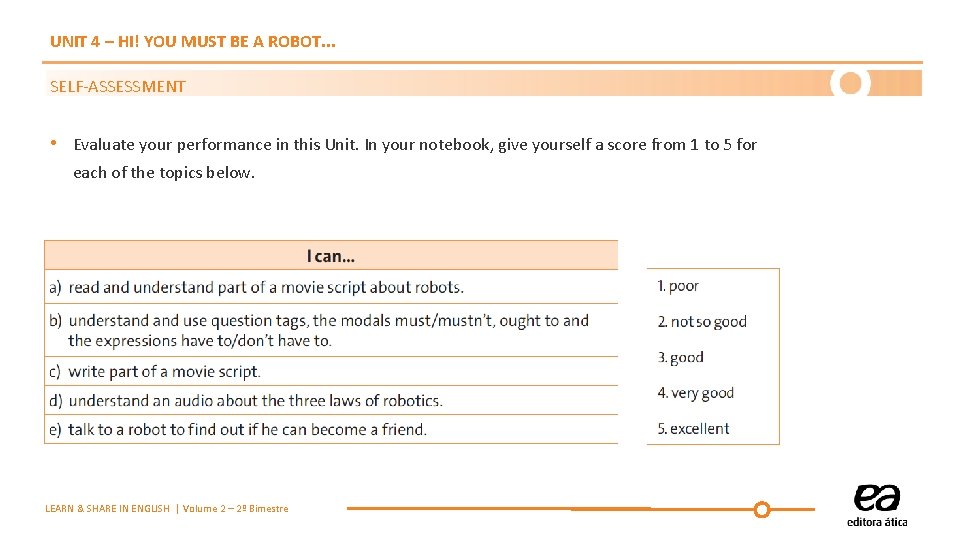 UNIT 4 – HI! YOU MUST BE A ROBOT. . . SELF-ASSESSMENT • Evaluate