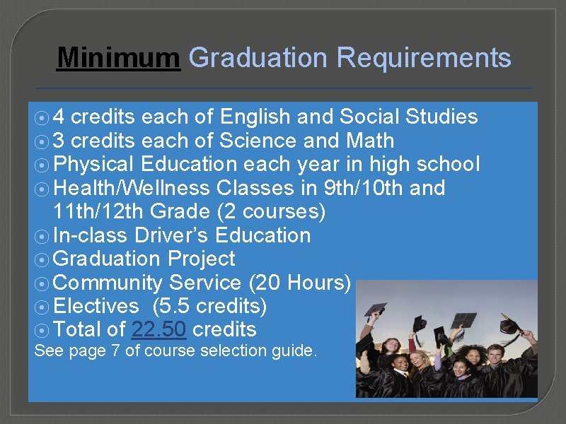 Minimum Graduation Requirements ⦿ 4 credits each of English and Social Studies ⦿ 3