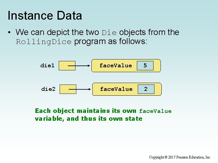 Instance Data • We can depict the two Die objects from the Rolling. Dice