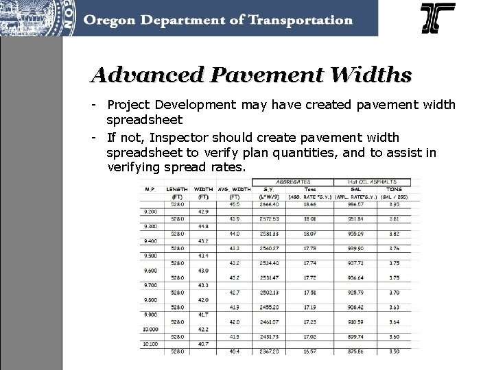 Advanced Pavement Widths - Project Development may have created pavement width spreadsheet - If