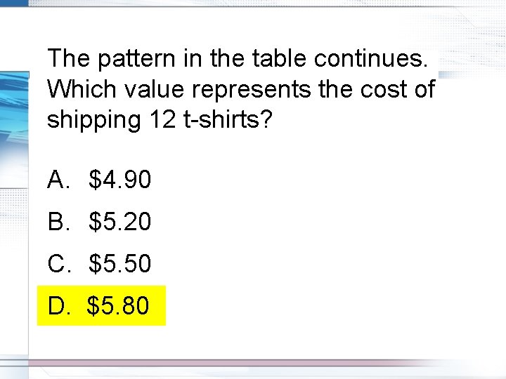 The pattern in the table continues. Which value represents the cost of shipping 12