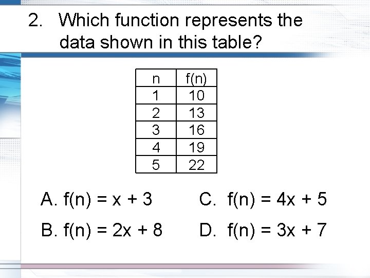 2. Which function represents the data shown in this table? n 1 2 3
