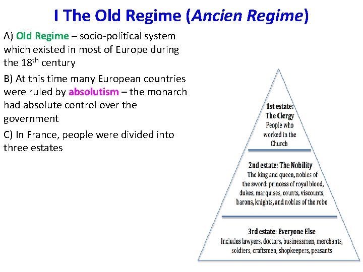 I The Old Regime (Ancien Regime) A) Old Regime – socio-political system which existed