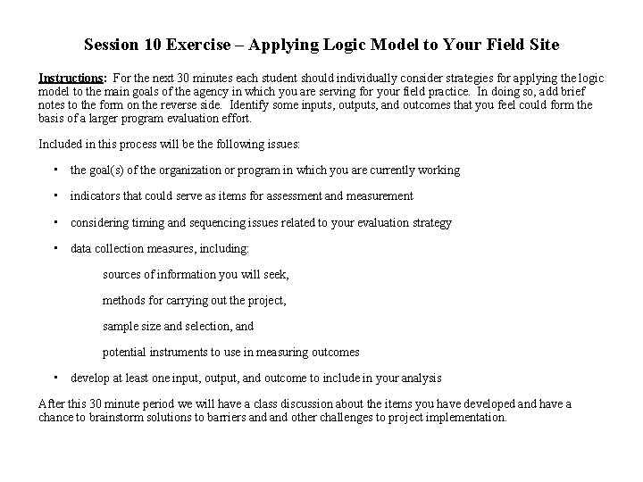 Session 10 Exercise Applying Logic Model to Your
